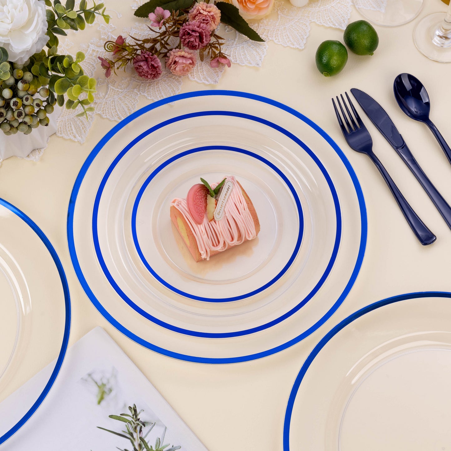 Goodluck 12 Inch Disposable Clear with Blue Rim Charger Plates for Party, Wedding, Dinner