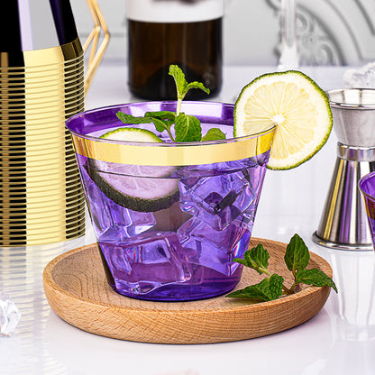 Goodluck 100 Pack 9 oz Disposable Purple with Gold Rim Plastic Cups for Party & Graduation & Wedding