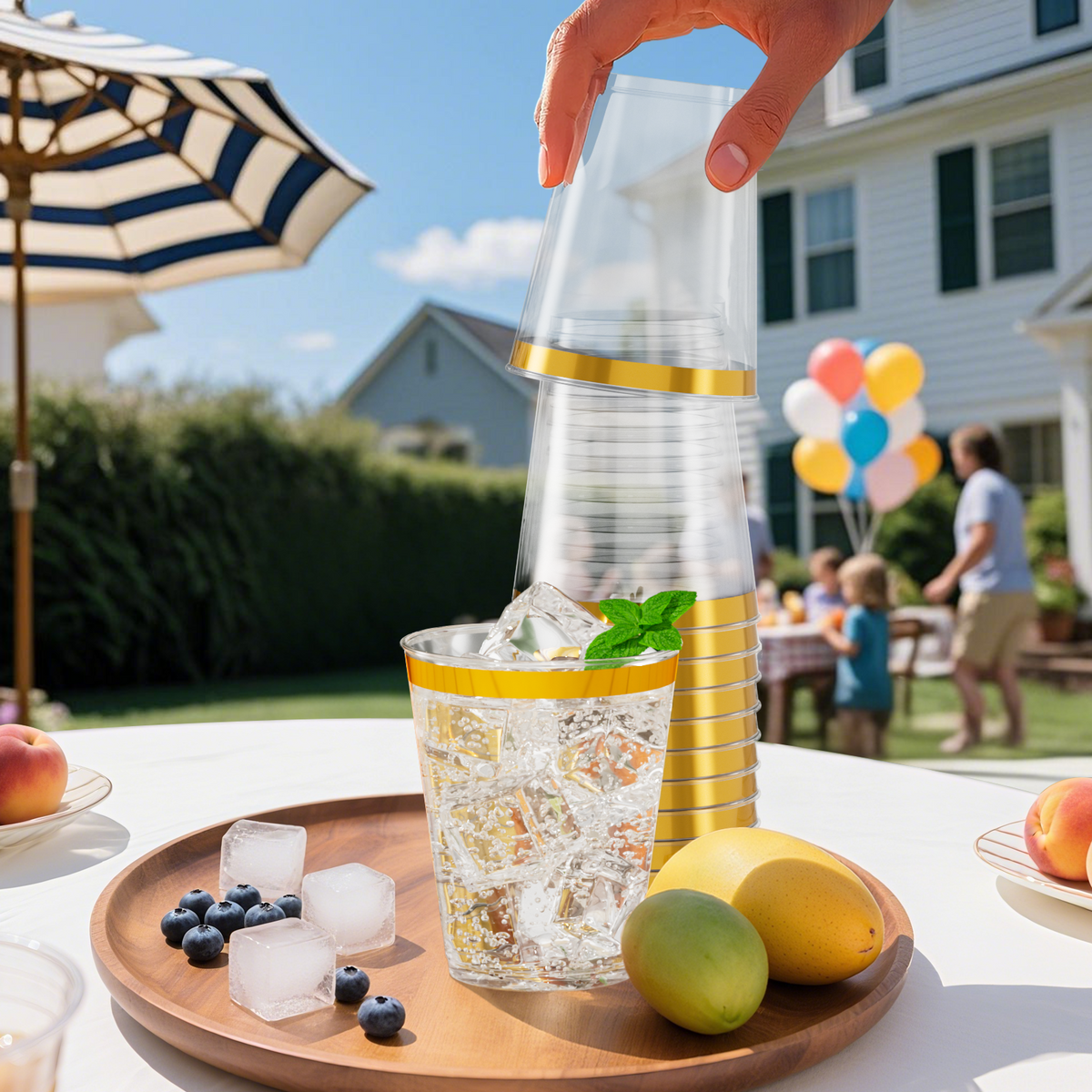 Disposable Gold Rim Plastic Cups for Wedding, Thanksgiving, Christmas, and Parties