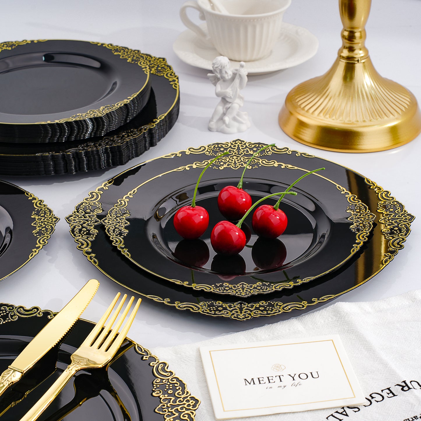 Goodluck 350 PCS Disposable Black and Gold Plastic Dinnerware Set for Party, Wedding, Graduation