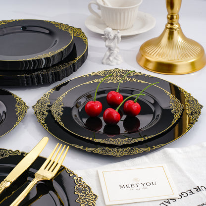 Goodluck 350 PCS Disposable Black and Gold Plastic Dinnerware Set for Party, Wedding, Graduation