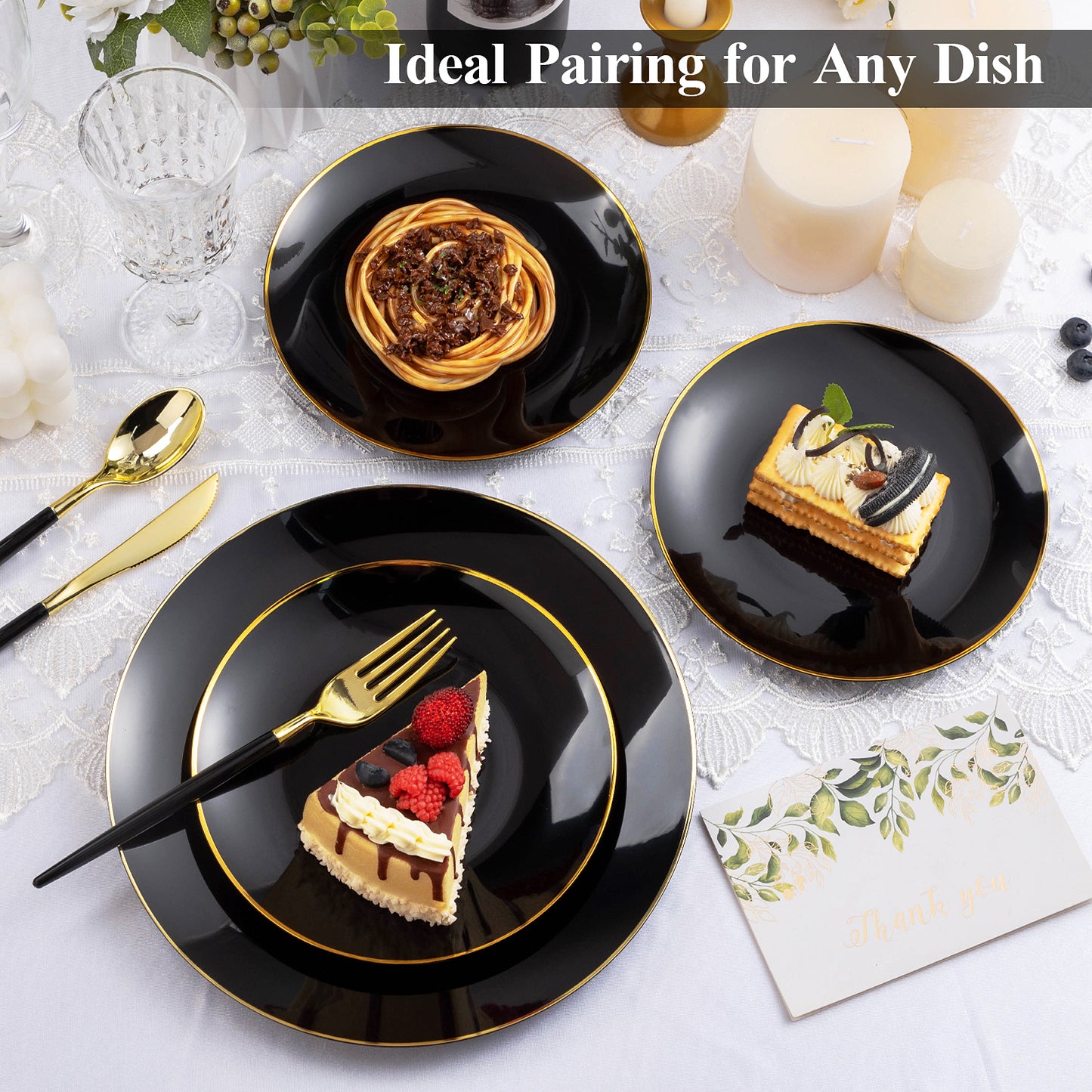 Goodluck 350 Pieces Disposable Black with Gold Rim Plastic Dinnerware Set