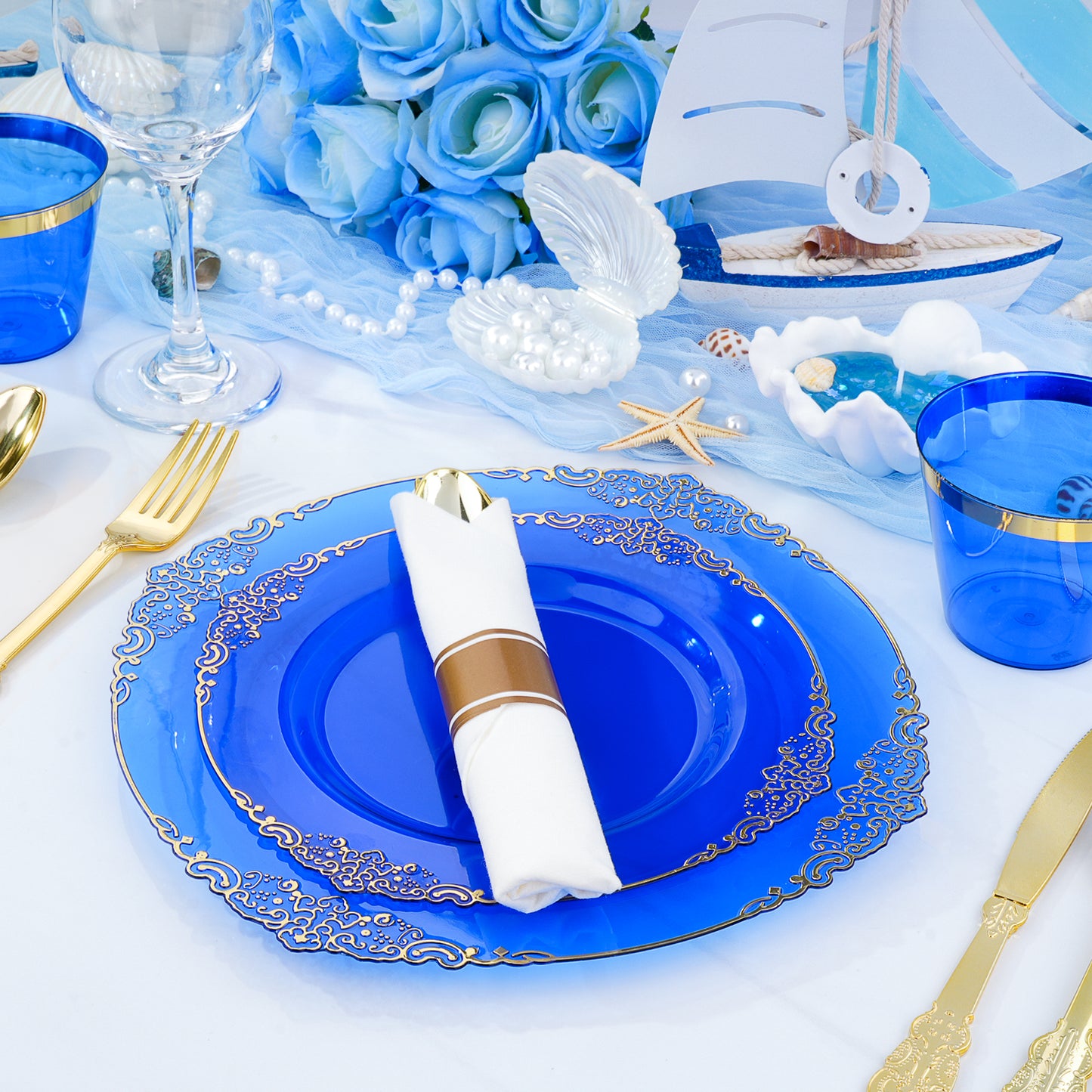 Goodluck Disposable Clear Blue with Gold Rim Plastic Dinnerware Sets