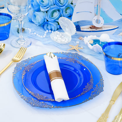 Goodluck Disposable Clear Blue with Gold Rim Plastic Dinnerware Sets