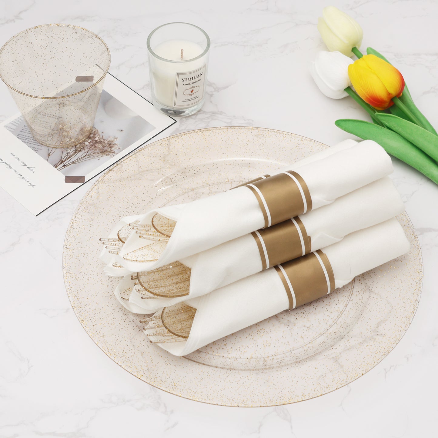Fancy Disposable Pre-Rolled Plastic Silverware for Party, Wedding, and Daily Use