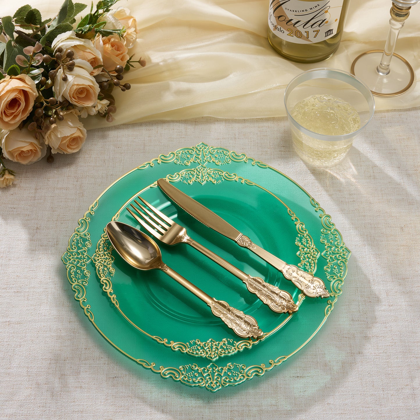 Goodluck Disposable Clear Green Plastic Dinnerware Sets