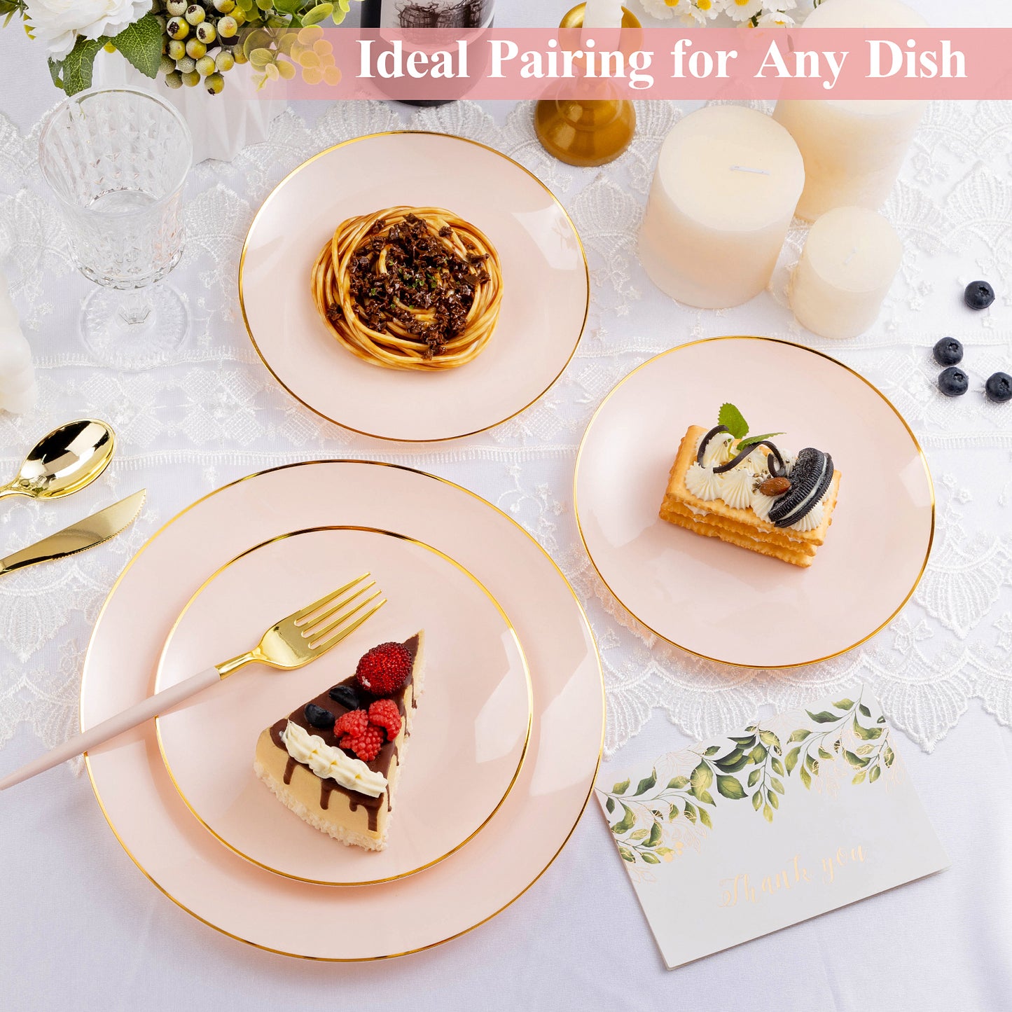 Goodluck 350 Pieces Disposable Pink with Gold Rim Plastic Dinnerware Set