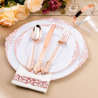Goodluck 350PCS Retro Style Disposable Rose Gold Plastic Dinnerware Set for 50 Guests