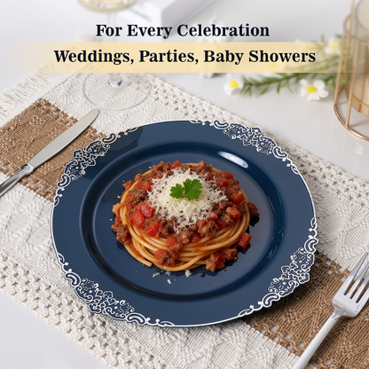 Goodluck 100PCS Heavy Duty Disposable Navy Blue Plastic Plates with Vintage Silver Trim for Weddings, Parties, Events