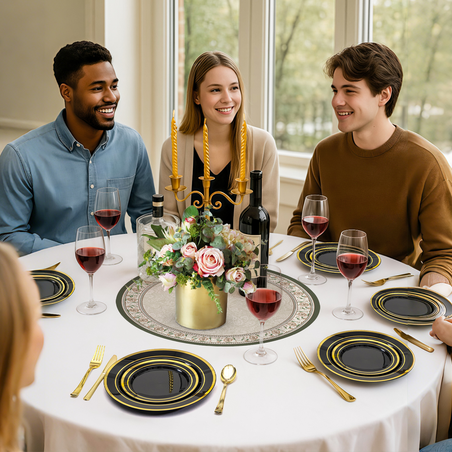 Goodluck Premium Disposable Black with Gold Rim Plastic Plates Set for Party, Wedding, Holiday, and Halloween