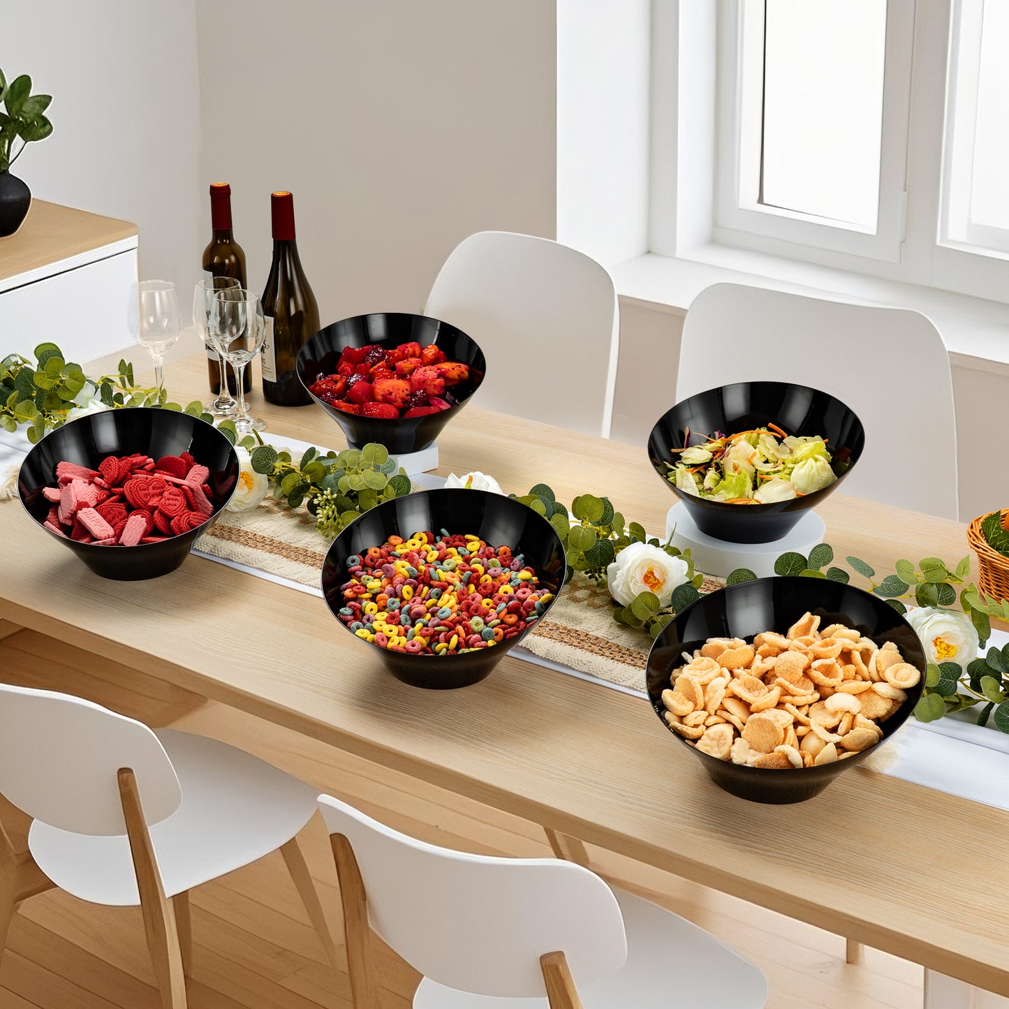 Goodluck 12 Pack 54oz Disposable Angled Black Plastic Serving Bowls for Chips, Snacks, Fruit, Salad