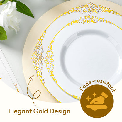 Goodluck Disposable Retro White with Gold Rim Plastic Dinnerware