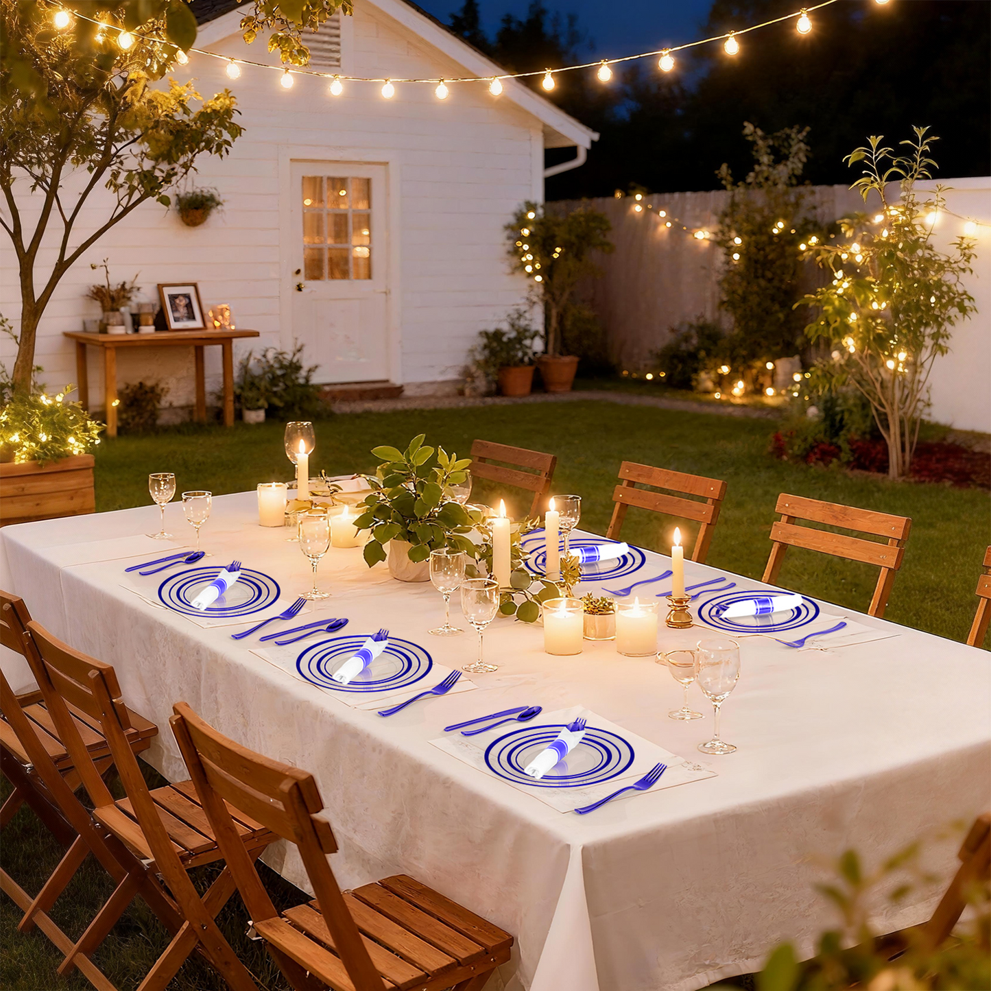 Goodluck 350 Piece Disposable Clear with Double Blue Rim Plastic Dinnerware Set for 50 Guests