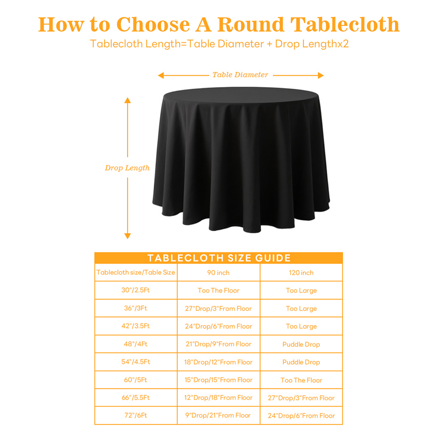 Goodluck 6 Pack Fabric Washable Decorative Black Round Polyester Table Cloths for Halloween, Parties, Weddings, Holiday, Events