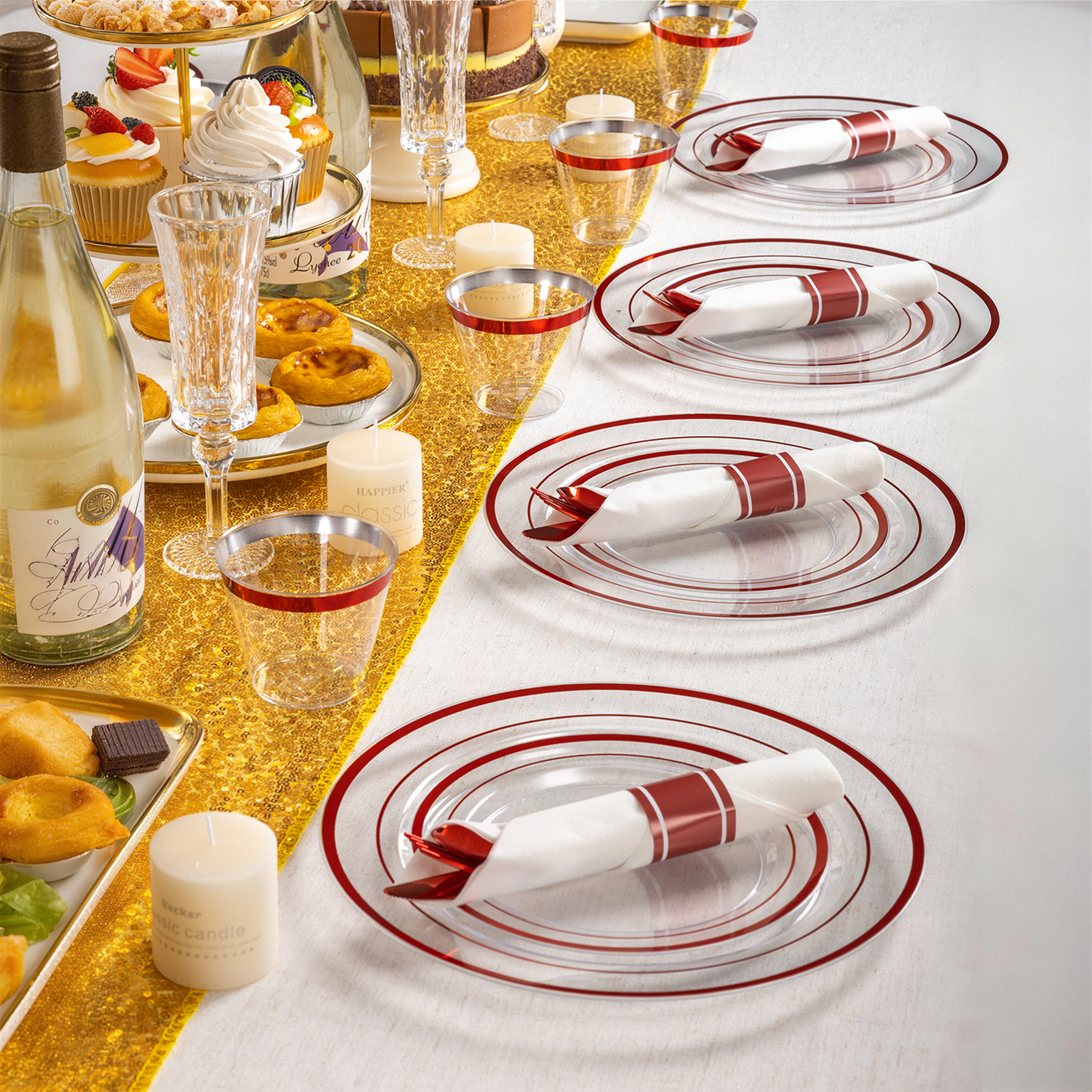 Goodluck 350 Piece Disposable Clear with Double Red Rim Plastic Dinnerware Set for Party, Christmas, Graduation, Wedding