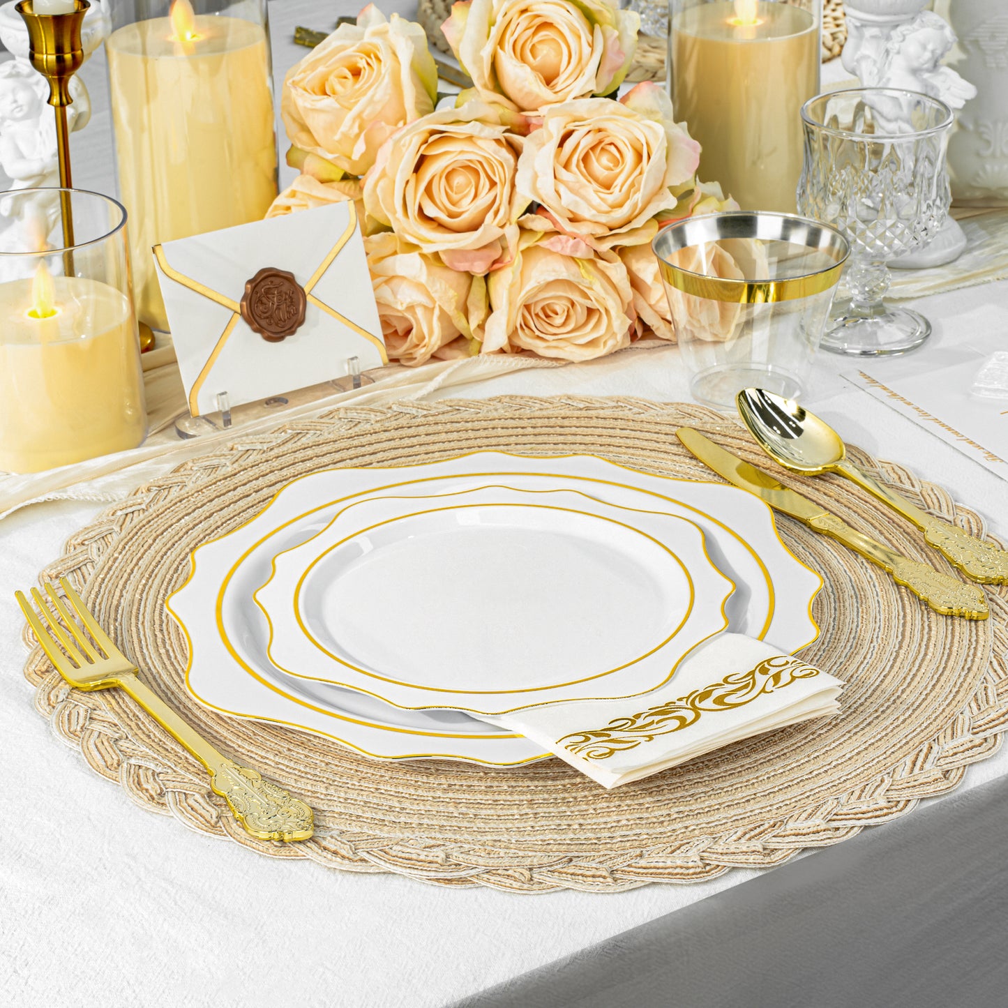 Goodluck 350 PCS Disposable Scallop White and Gold Plastic Dinnerware Set for 50 Guests