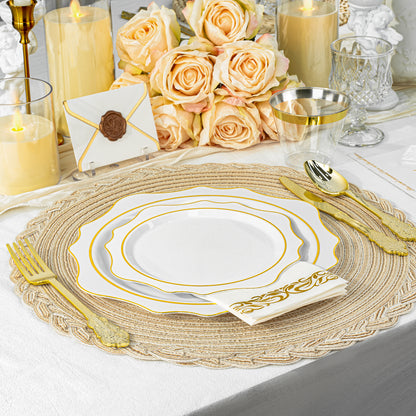 Goodluck 350 PCS Disposable Scallop White and Gold Plastic Dinnerware Set for 50 Guests