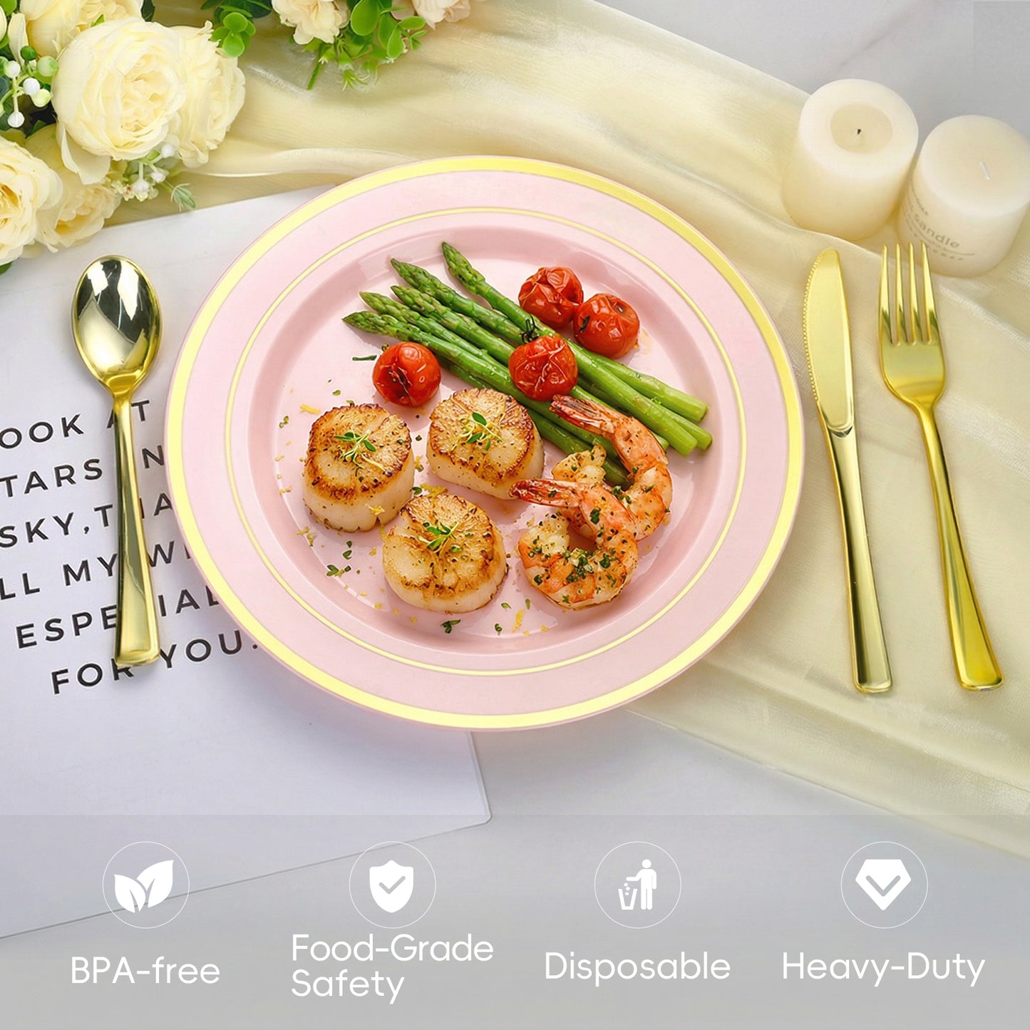 Goodluck Disposable Pink with Gold Rims Plastic Dinnerware Set for Wedding, Christmas