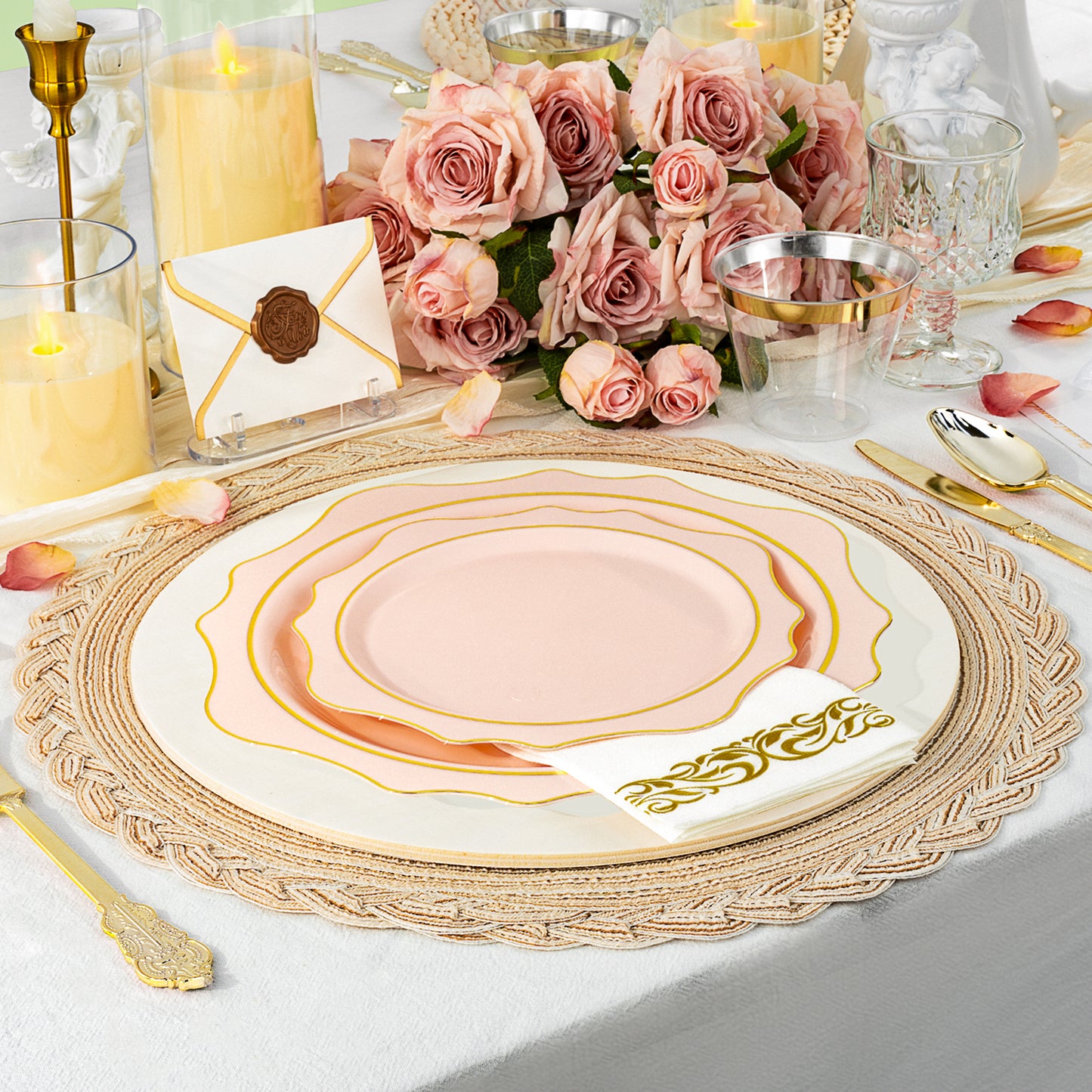 Goodluck 350 PCS Disposable Scallop Pink with Gold Rim Plastic Dinnerware Set