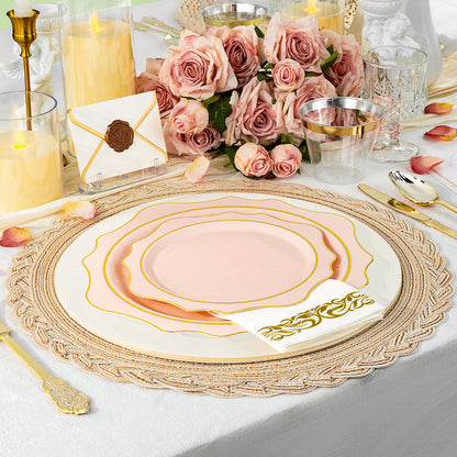 Goodluck 350 PCS Disposable Scallop Pink with Gold Rim Plastic Dinnerware Set
