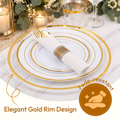 Golden Disposable Dinnerware Set with Charger for  100 Guests, ideal for Wedding, Birthday, Holiday