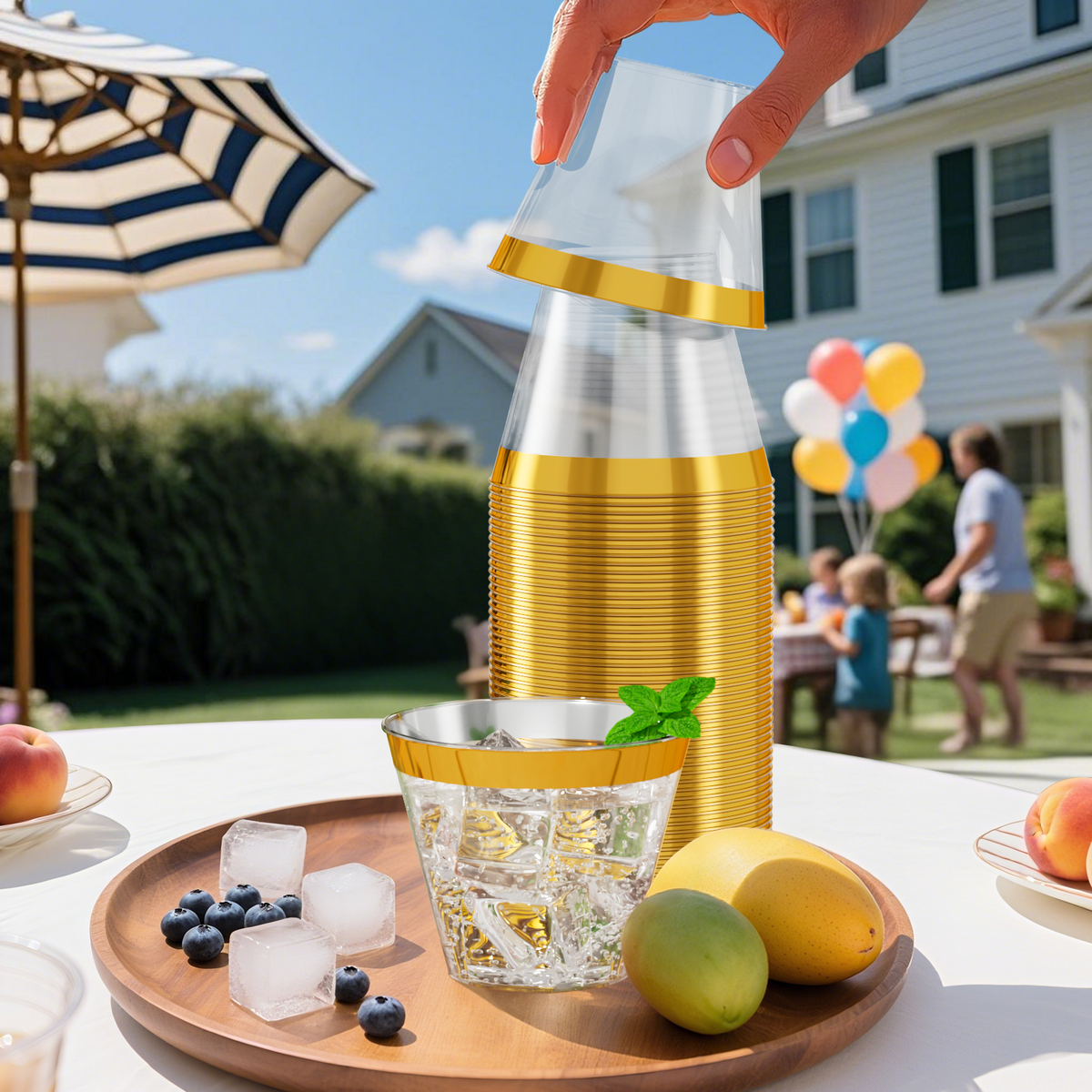 Disposable Gold Rim Plastic Cups for Wedding, Thanksgiving, Christmas, and Parties