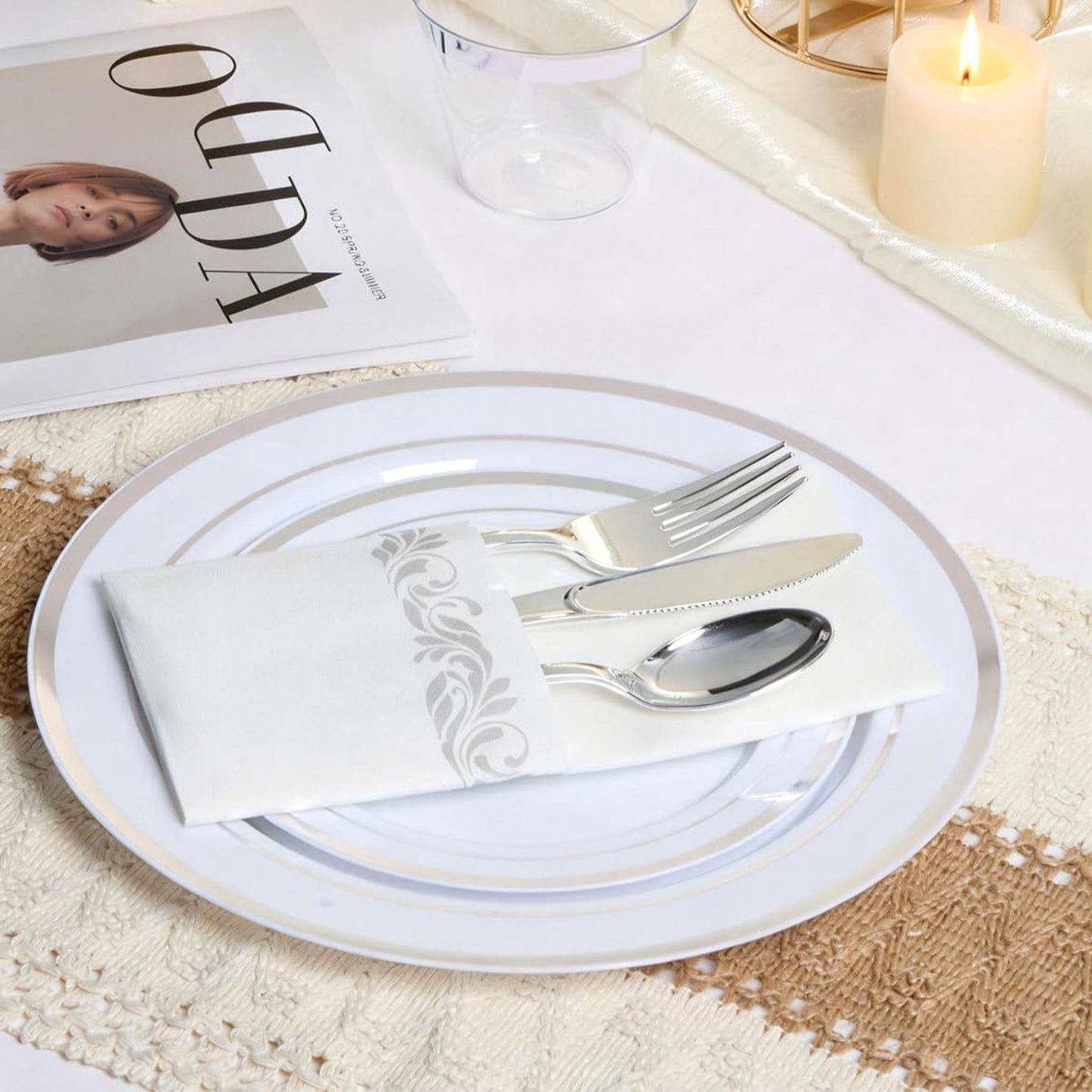 Goodluck  Disposable Elegant Silver Plastic Dinnerware Set for Weddings, Parties, Graduation, Includes: Plates, Place Cards, Cups,  Spoons, Forks, Knives, Napkins