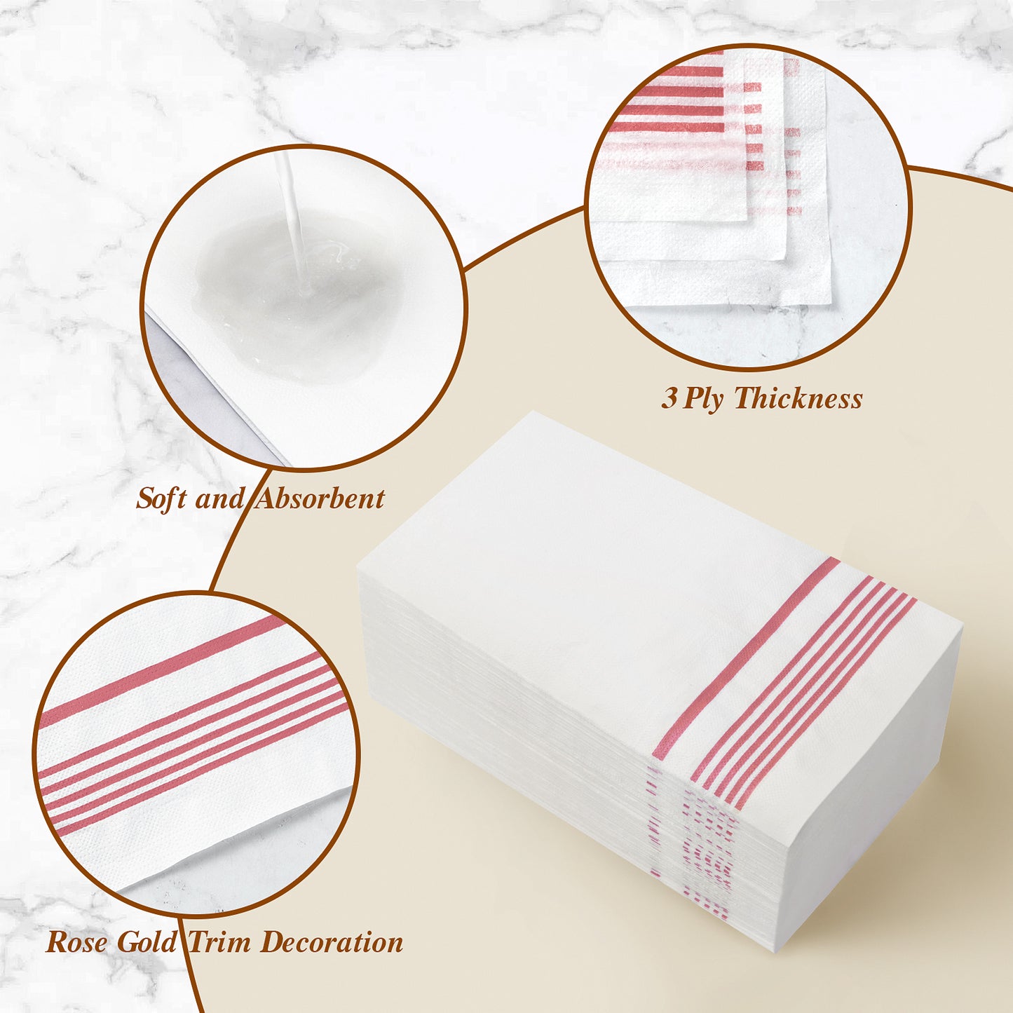 Goodluck 100 Pack 3-Ply Disposable Soft Absorbent Paper Napkins with Rose Gold Trim Lined for Dinners, Kitchen or Events