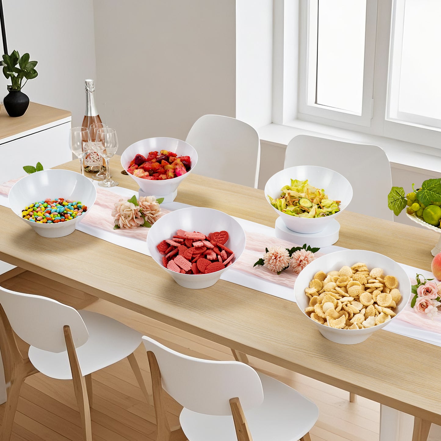 Goodluck 12 Pack 54oz Disposable Angled White Plastic Serving Bowls for Chips, Snacks, Fruit, Salad