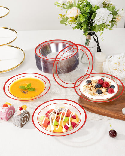 Goodluck 100 Pack 12oz Disposable Clear with Red Rim Plastic Soup Bowls for Christmas, Parties, Dinners, Catering, Thanksgiving and Everyday Use