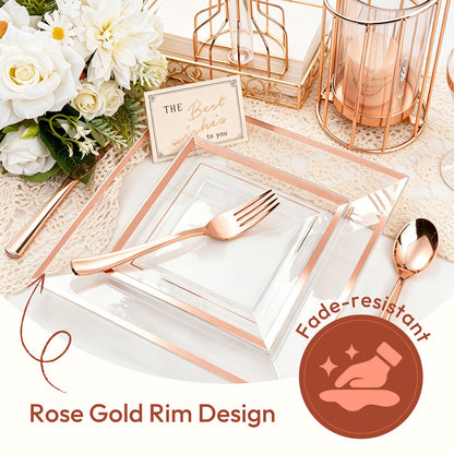 Premium Plastic Tableware for Weddings & Parties with Square Clear Base Rose Gold Rim Plates and Rose Gold Cutlery