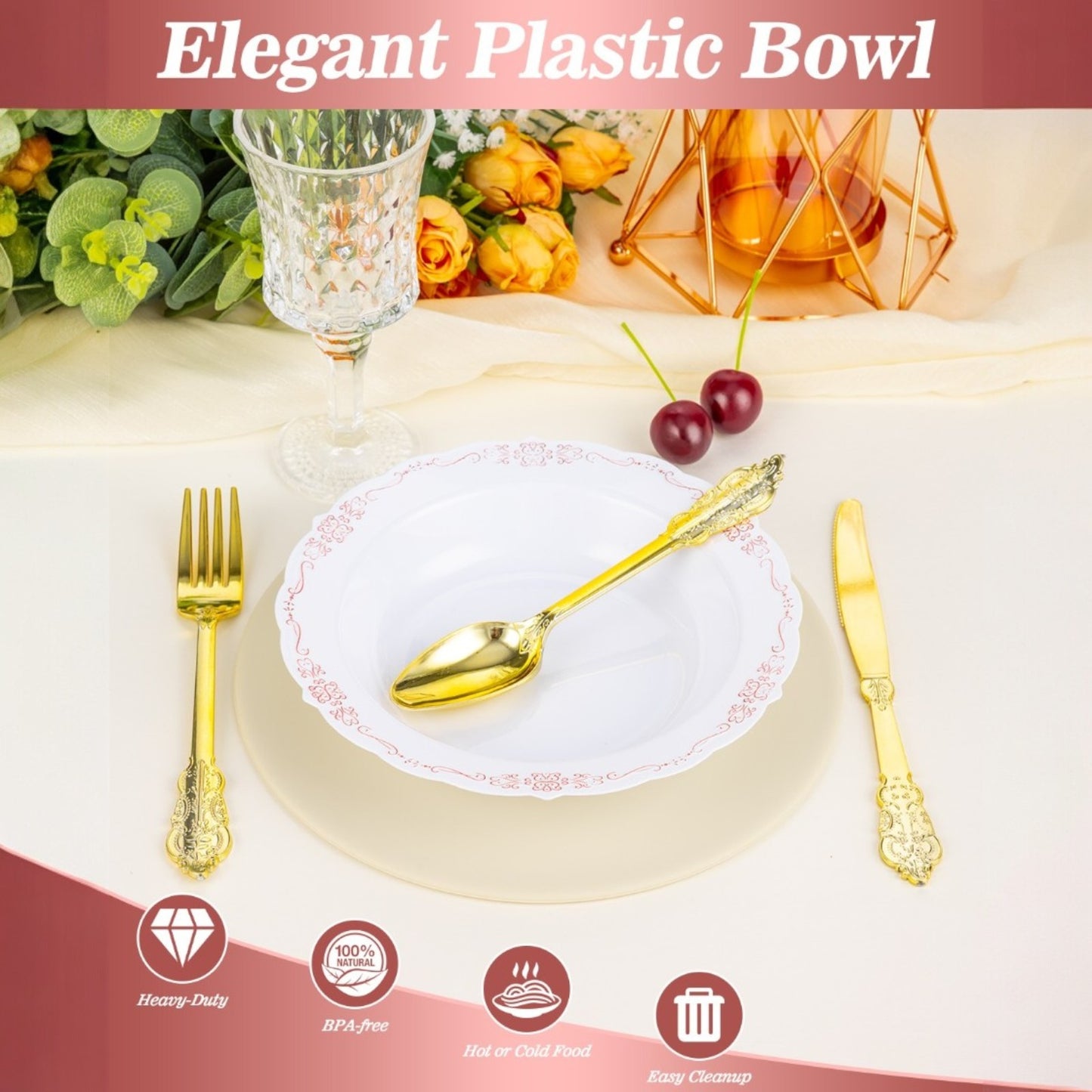 Goodluck 12oz Disposable Heavy Duty White Plastic Bowls with Rose Gold Rim Plastic Bowl for Hot Soup, Dessert, Salad, Cake, Ice Cream, Fruit