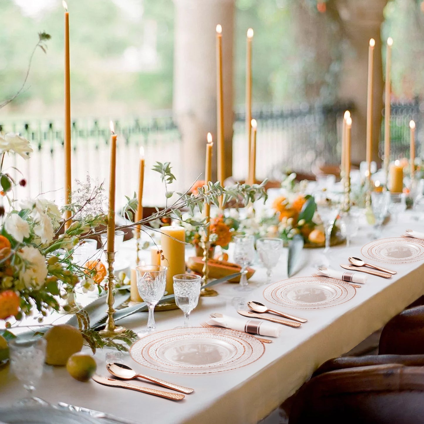 Goodluck 350PCS Disposable Veined Clear with Rose Gold Trim Dinnerware Set for 50 Guests