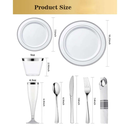 Goodluck Disposable Silver Plastic Dinnerware Set for Christmas, Wedding, Includes Dinner Plates, Dessert Plates,  Napkins with Silverware, Cups, Champagne Glasses