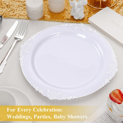 100PCS 10.25-inch Disposable Heavy Duty Vintage Plastic Plates for Wedding, Party, and Daily Use