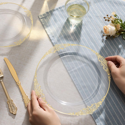 Heavy Duty Elegant Vintage Plastic Plates with Cutlery Set for Wedding, Bridal Shower, Anniversary
