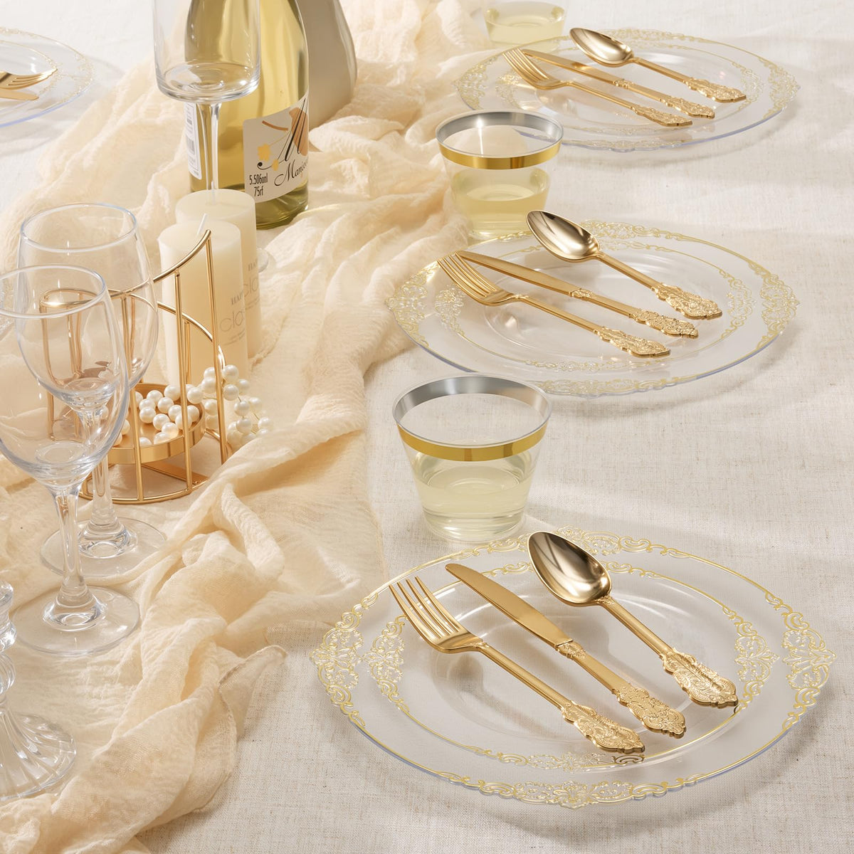 Heavy Duty Elegant Vintage Plastic Plates with Cutlery Set for Wedding, Bridal Shower, Anniversary