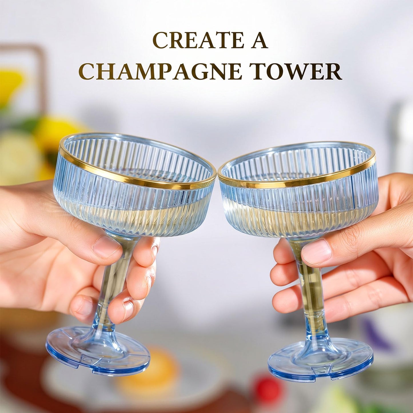 4-Tier Champagne Tower - 20 PCS 7oz Plastic Champagne Flutes, Butterfly Shape with Vertical Stripes for Weddings, Celebrations, Parties & Birthdays