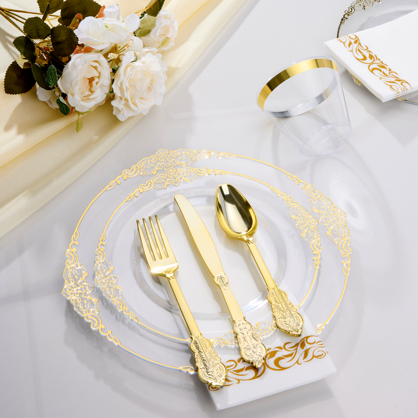 Goodluck Disposable Retro Clear with Gold Rim Dinnerware Set