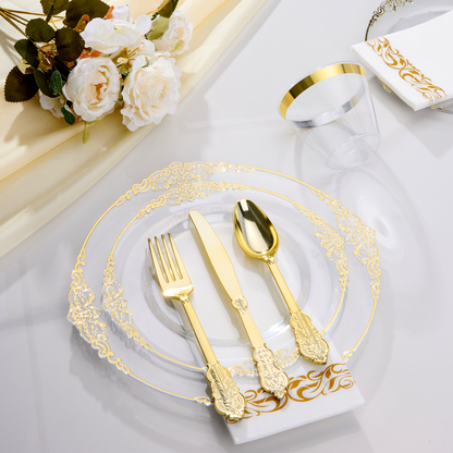 Goodluck Disposable Retro Clear with Gold Rim Dinnerware Set
