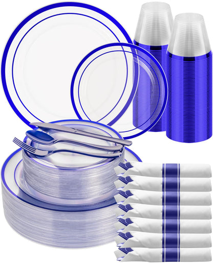 Goodluck 350 Piece Disposable Clear with Double Blue Rim Plastic Dinnerware Set for 50 Guests