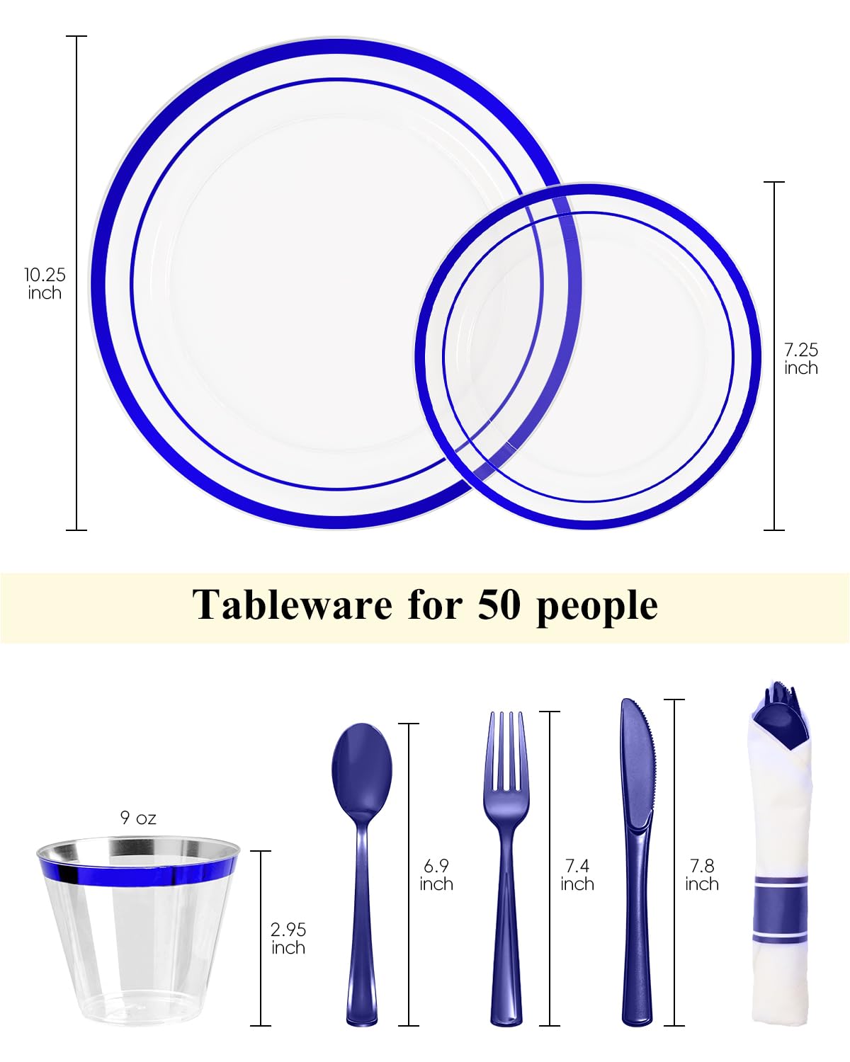 Goodluck 350 Piece Disposable Clear with Double Blue Rim Plastic Dinnerware Set for 50 Guests