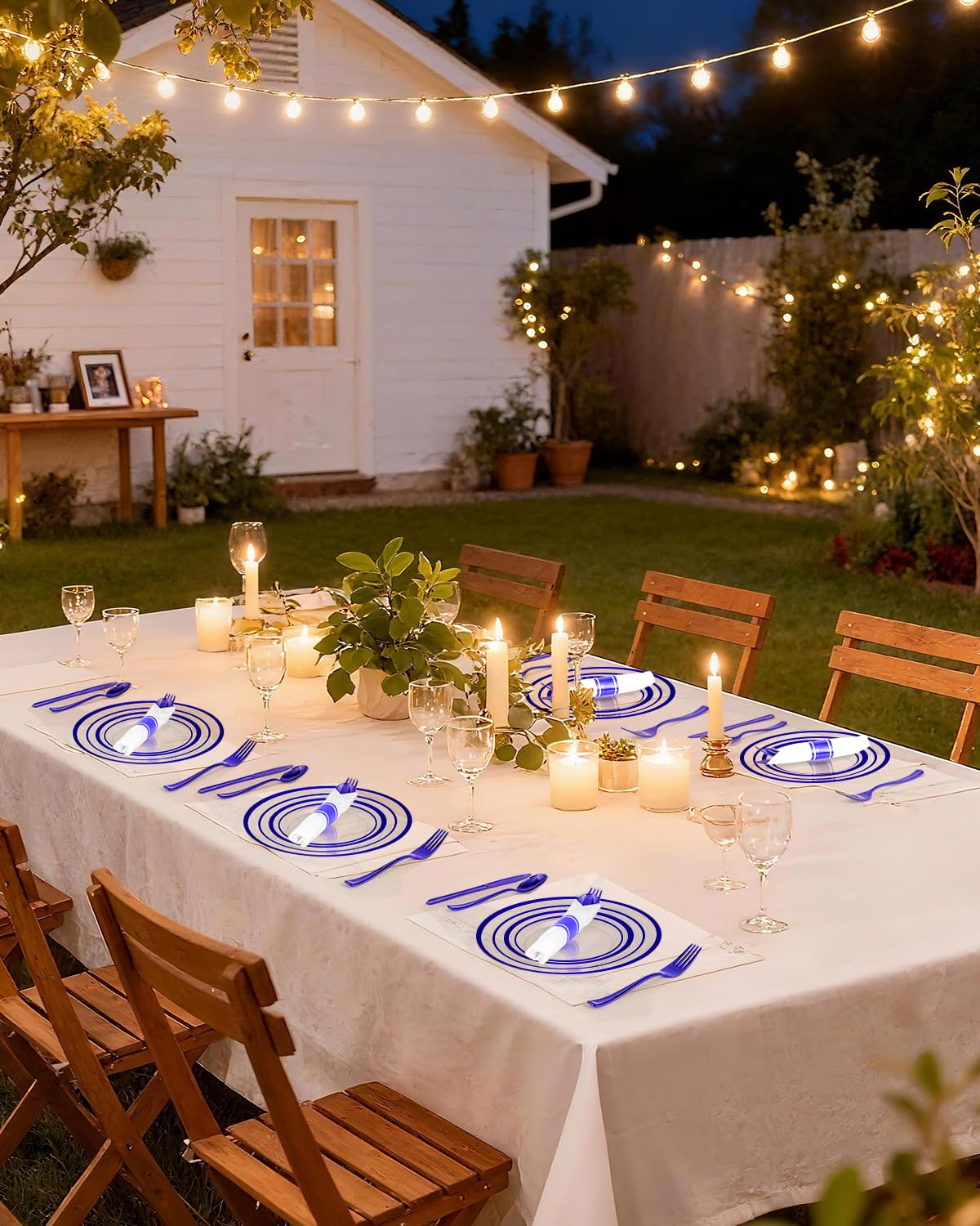 Goodluck 350 Piece Disposable Clear with Double Blue Rim Plastic Dinnerware Set for 50 Guests