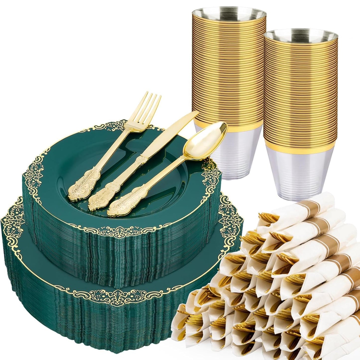 Goodluck 350 PCS Disposable Retro Green with Gold Rim Plastic Dinnerware Set