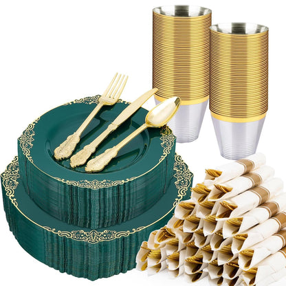 Goodluck 350 PCS Disposable Retro Green with Gold Rim Plastic Dinnerware Set