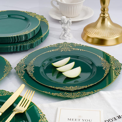 Goodluck 350 PCS Disposable Retro Green with Gold Rim Plastic Dinnerware Set