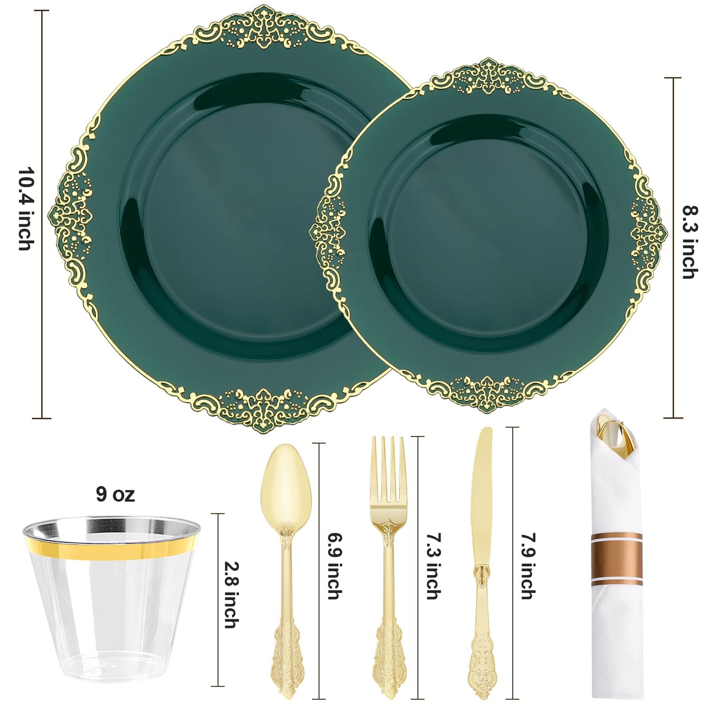 Goodluck 350 PCS Disposable Retro Green with Gold Rim Plastic Dinnerware Set