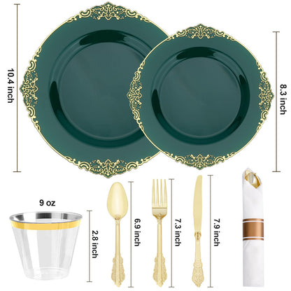 Goodluck 350 PCS Disposable Retro Green with Gold Rim Plastic Dinnerware Set