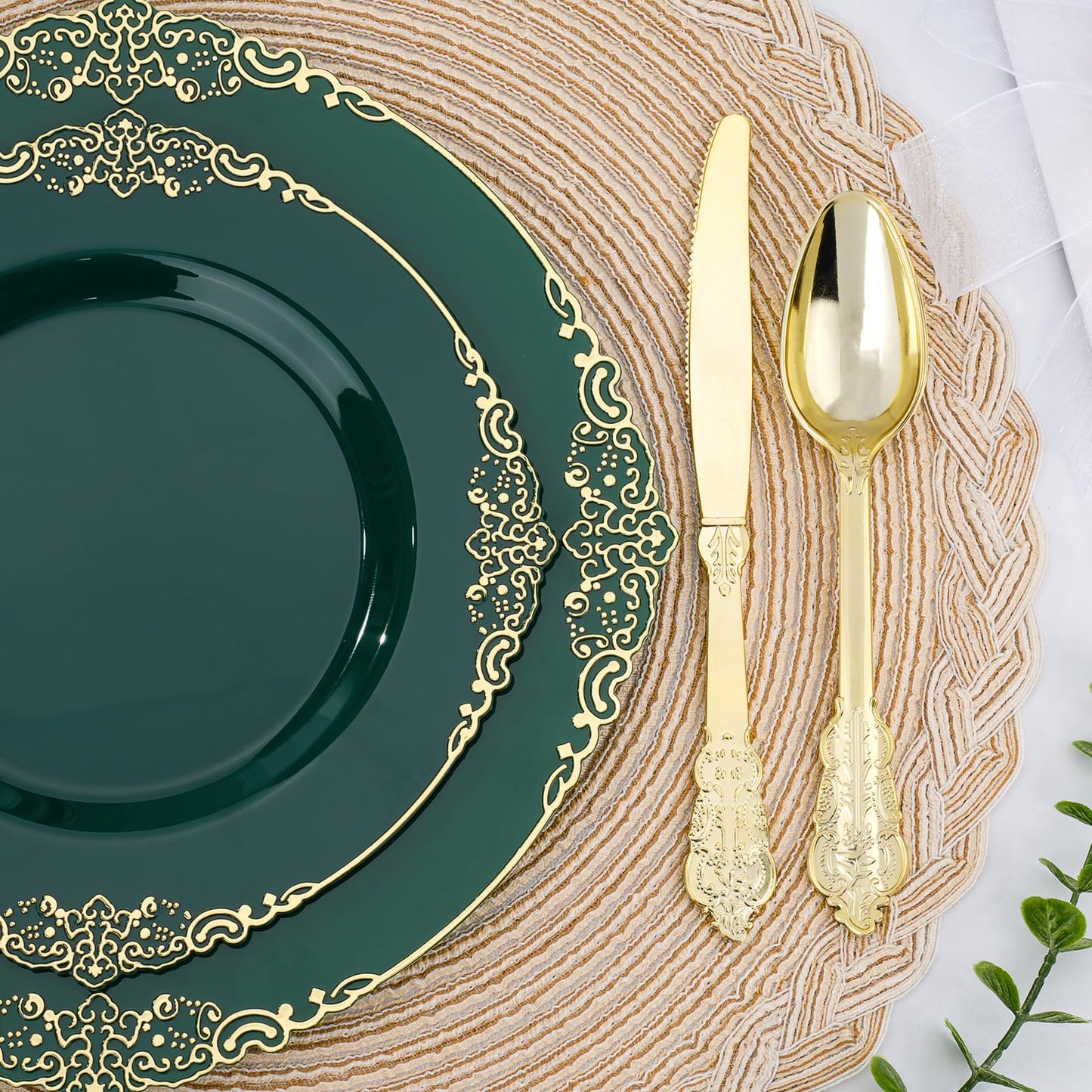 Goodluck 350 PCS Disposable Retro Green with Gold Rim Plastic Dinnerware Set