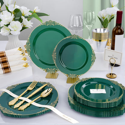 Goodluck 350 PCS Disposable Retro Green with Gold Rim Plastic Dinnerware Set